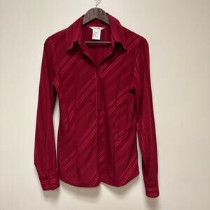 VTG Tall Girl Crimson Red Striped Button-Down Long Sleeve Blouse Career Wear 10T